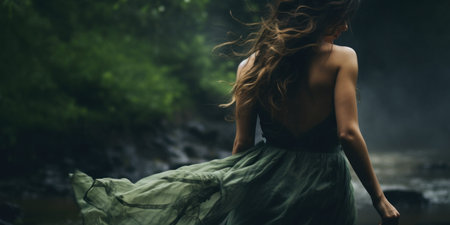 Serene boho woman in a flowing dress by a misty waterfall.の素材