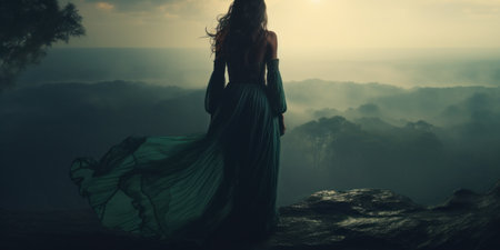 Bohemian woman overlooking misty forest at dusk.の素材