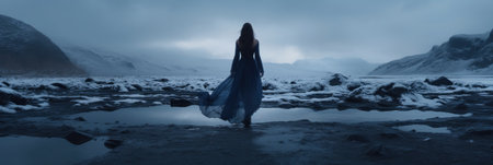 Elegant figure in boho chic against a wintry landscape.の素材