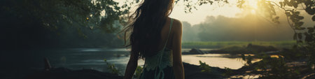 Boho chic woman enjoying a serene river scene at dusk.の素材
