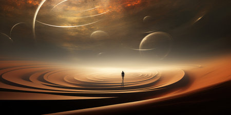 A lone person stands on a surreal landscape, symbolizing a journey.の素材