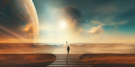 Person on surreal path with giant planets.の素材