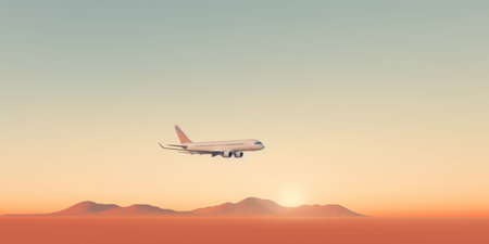Artistic view of airplane on a journey at sunset.の素材
