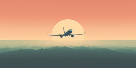 Artistic depiction of an airplane on a sunset journey.の素材