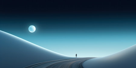 Lone traveler on an abstract journey along curved path.の素材