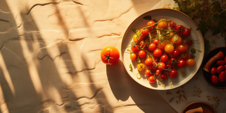 Sunlit cuisine decor with vibrant tomatoes on plate.の素材