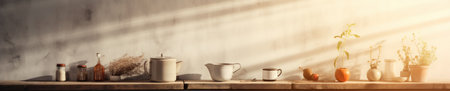 Sunlit kitchen shelf with decor and plants.の素材