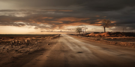 Dramatic clouds hover over a rough country road at sunset.の素材