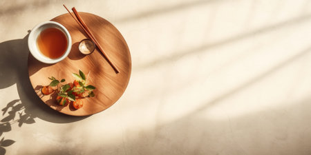 Sunlit view of an Asian cuisine decor with tea and chopsticks.の素材