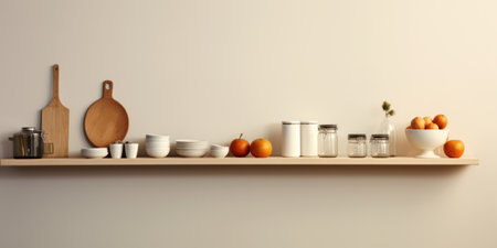 Elegant kitchen shelf displaying a modern cuisine decor.の素材