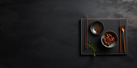 Cuisine decor with stylish dishware on dark background.の素材