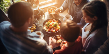 Breakfast family sharing a meal in sunny ambiance.の素材