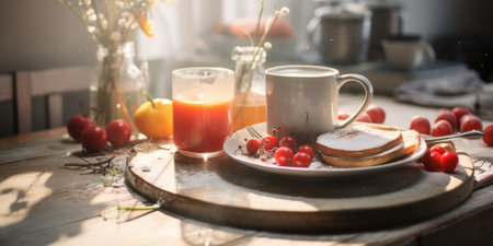Cozy family breakfast with fresh juice and pancakes.の素材