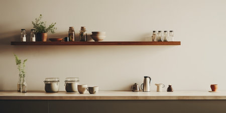 Stylish cuisine decor on wooden shelf in kitchen.の素材