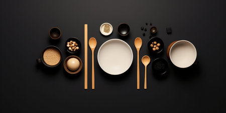 Minimalist cuisine decor with tableware and food elements.の素材