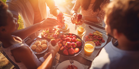 Cozy breakfast family gathering around the table.の素材