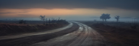 Mysterious twilight settling over a winding rough road.の素材