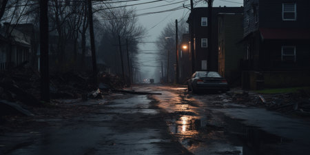 A gloomy scene with a rough, damaged road in a city.の素材