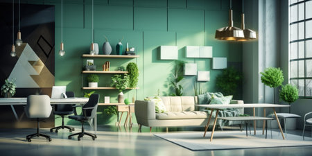 Modern workplace with chic design and cozy lounge area.の素材