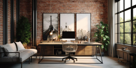 Trendy office with chic design and brick walls.の素材