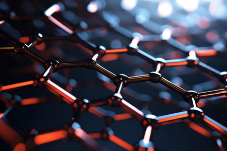 Macro view of a 3D rendered graphene lattice structure.の素材