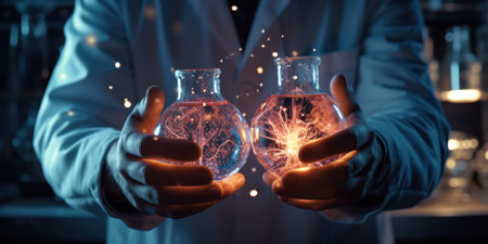 Scientist holding two illuminated flasks in a lab.の素材