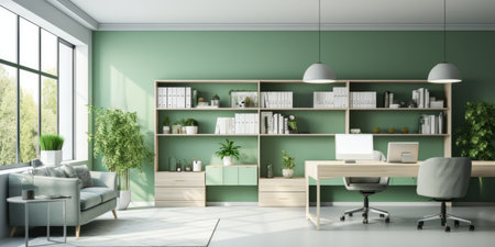 Bright, trendy office with plants and stylish furniture.の素材