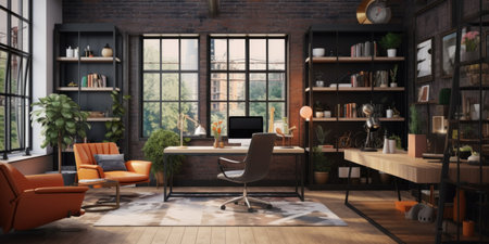 Stylish workplace in a trendy office with natural light.の素材