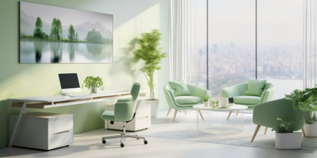 Modern office space with chic furniture and large window.の素材