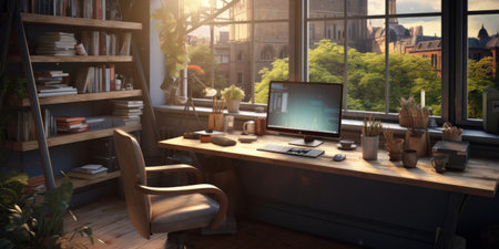 A modern, well-lit office space with cityscape.の素材