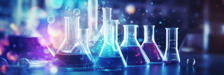 Colorful laboratory glassware for material science research.の素材