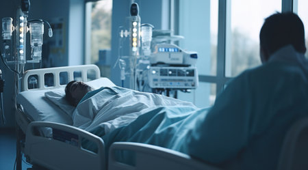 Visitor stands beside patient in a hospital room.の素材