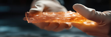 Close-up of hands studying resin specimen.の素材