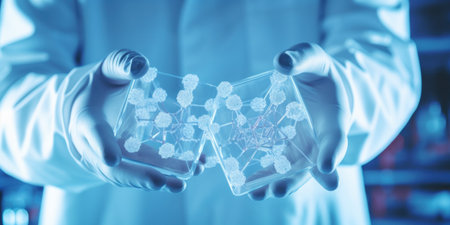 Scientist studying crystal lattices in material science lab.の素材