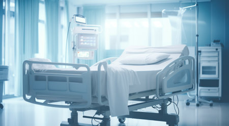 Serene clinic space with bed and medical machinery.の素材