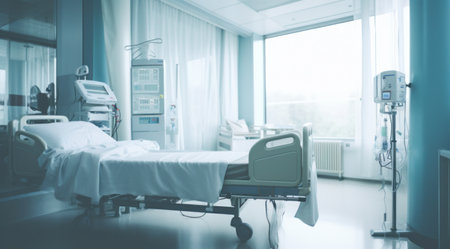 Clean hospital room with beds and medical devices.の素材