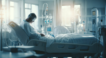 Patient resting in a modern hospital room setting.の素材