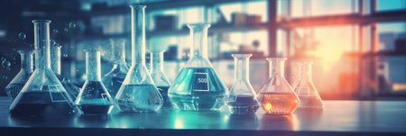 A laboratory with beakers and flasks illuminated by morning light.の素材