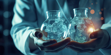 Scientist holding beakers with glowing material.の素材