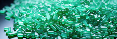 Close-up of green polymeric pellets for industrial use.の素材