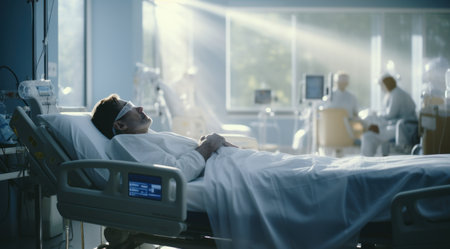 Serene hospital building ward with resting patient.の素材