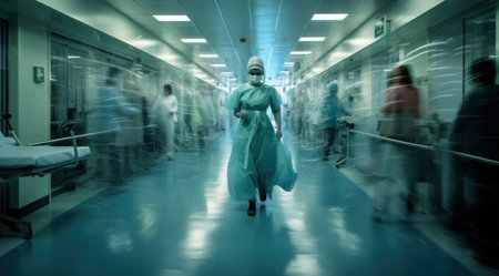 Motion blurred nurse hurries in busy hospital hallway.の素材