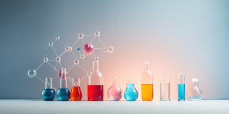 Beakers and molecules representing material science.の素材