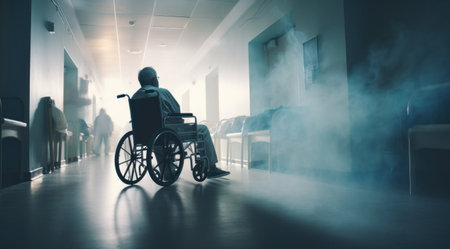 Silhouetted view in hospital corridor with wheelchair.の素材