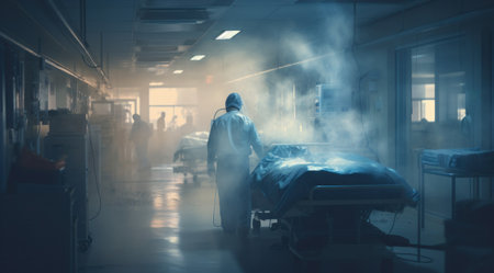 Misty corridor scene in a hospital building.の素材
