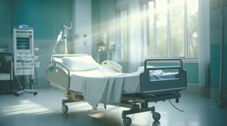 Well-equipped hospital room with bed and medical devices.