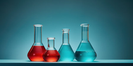 Erlenmeyer flasks with colorful liquids in a science lab.の素材