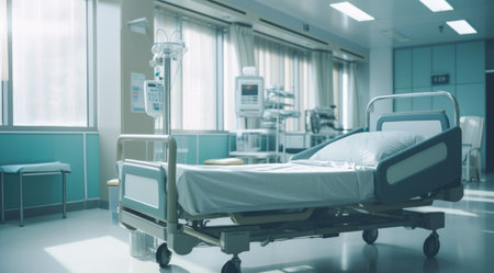 A clean, well-equipped hospital room with bed and monitors.の素材