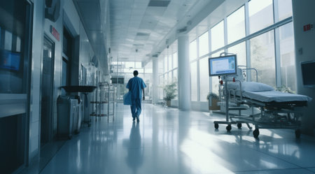 Healthcare worker walks down a modern hospital corridor.の素材