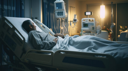 Patient sleeps peacefully in a hospital bed at night.の素材